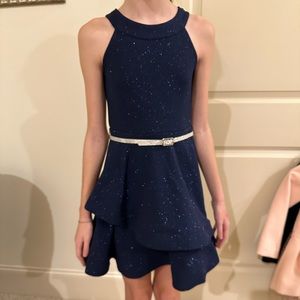Girls blue dress with silver sparkles and a fur vest